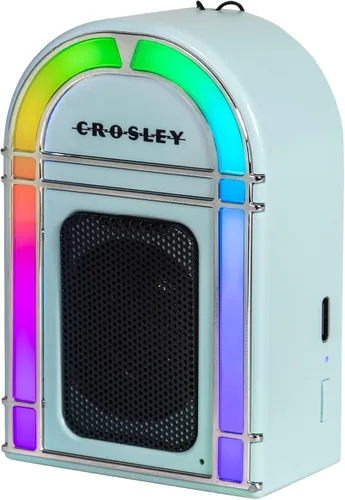 Vista 8 de Crosley CR3046A-AB Mini Jukebox Altavoz Bluetooth portátil con luces LED y micrófono, azul aguamarina