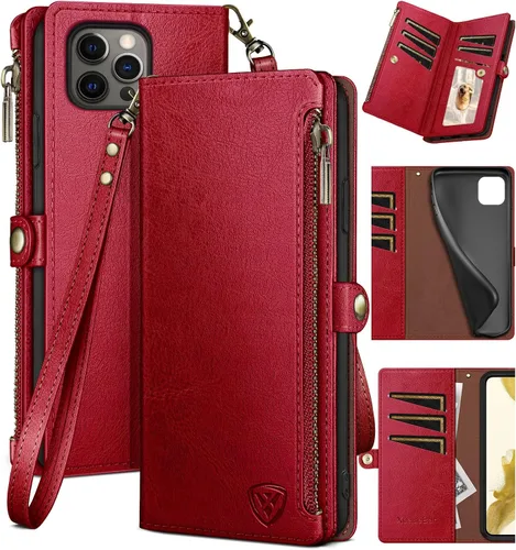 Vista 11 de XcaseBar Funda tipo cartera para iPhone 15 Pro Max de 6.7 pulgadas con cremallera para tarjetas de crédito y bloqueo RFID, funda protectora de piel