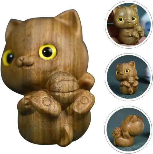 Vista 4 de Figura de gato tallada para automóvil, adorno de madera para gato, estatua de gatito pequeño, para amantes de los gatos en miniatura