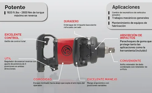 Vista 2 de Chicago Pneumatic CP7782-SP6 Llave de impacto (#5 Spline), yunque de extensión de 6 pulgadas, herramienta de reparación y montaje industrial, mango