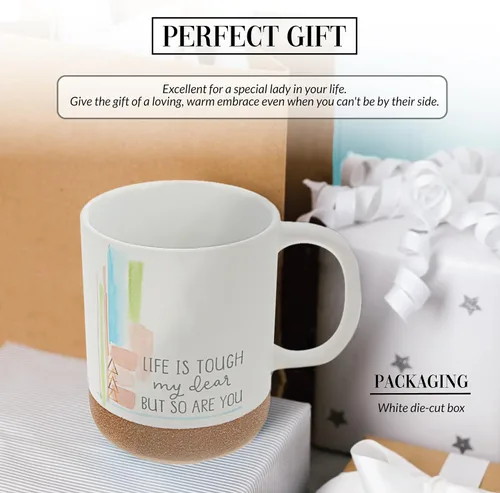 Vista 3 de Pavilion Gift Company - Life Is Tough - Taza de cerámica de 16 onzas con fondo esmaltado arenoso, patrón de rayas de acuarela, taza de café de mango