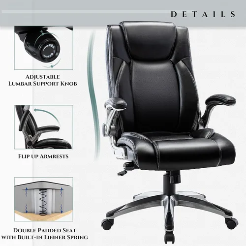 Vista 3 de COLAMY Silla de escritorio de oficina, silla ergonómica para computadora con brazos abatibles acolchados y cojín grueso, silla de oficina de cuero