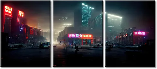 Vista 42 de Arte de pared de 3 piezas de escena de ciencia ficción de la calle comercial futurista paisaje urbano, decoración de pared para dormitorio