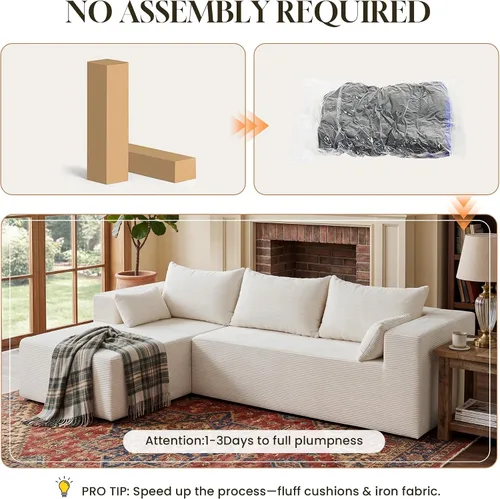 Vista 5 de Sofás seccionales sin estructura de 106 pulgadas para sala de estar, sofá modular en forma de L con asiento profundo de gran tamaño con chaise Beige
