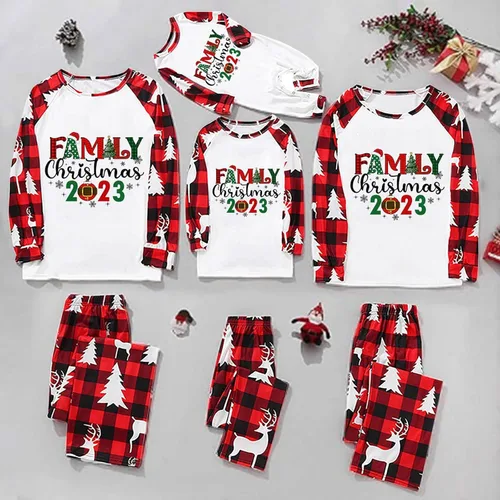 Vista 6 de Pijamas de Navidad a juego para la familia, pijamas clásicos de Navidad a cuadros rojos, divertidos pijamas lindos conjuntos de ropa de dormir