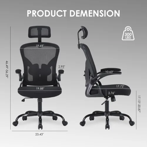 Vista 2 de Silla de oficina ergonómica, silla de escritorio para el hogar con reposacabezas ajustable y giratorio de 30°, soporte lumbar ajustable vertical