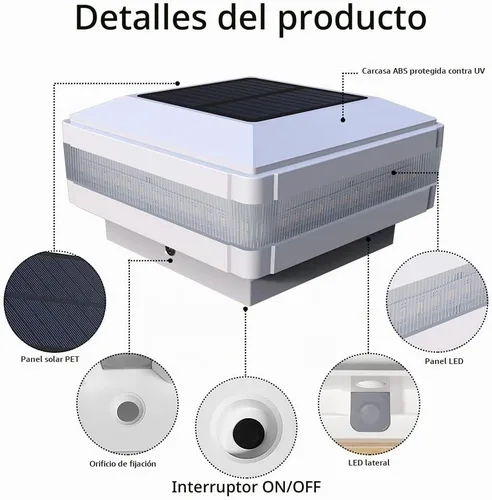 Vista 7 de Luces solares de poste de 160 lúmenes con 52 LED y luz blanca de Blanco