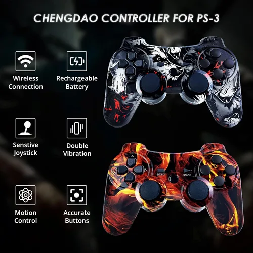 Vista 6 de CHENGDAO Controller for PS3 2 Pack Wireless Controller for Playstation 3 Game Remote with Double Shock, Upgrade Joystick Control for PS3 Remote with