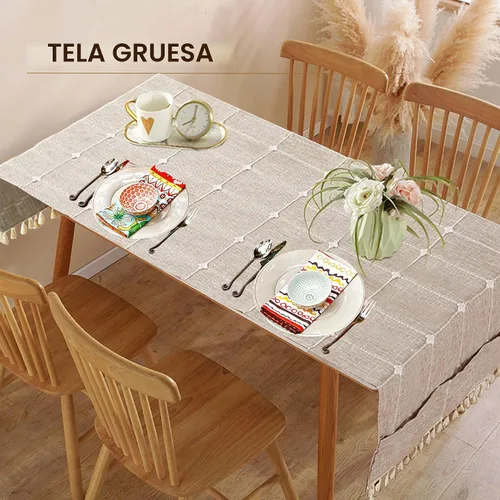 Vista 5 de Funda para mesa auxiliar con bolsillos y borlas, rectangular a rayas Beige