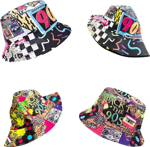 Vista 8 de Paquete de 12 sombreros retro de los años 80 y 90 con lentes de sol neón, divertido juego de sombreros de fiesta temática de los años 80 y 1990, kit