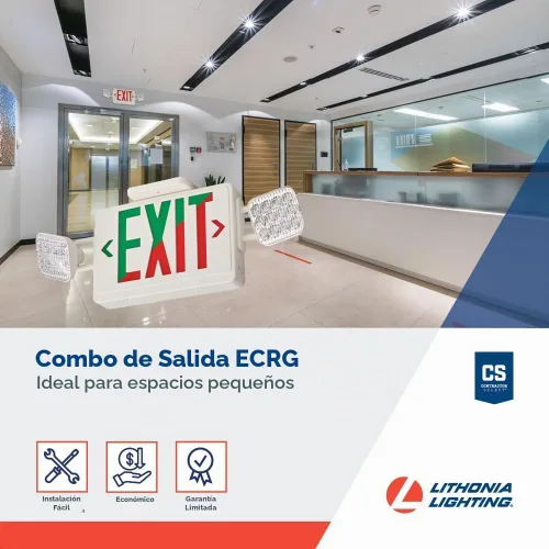 Vista 2 de Señal de salida LED básica de Lithonia Lighting/combo de luz de emergencia, señal de salida y luces de emergencia conmutables rojo/verde