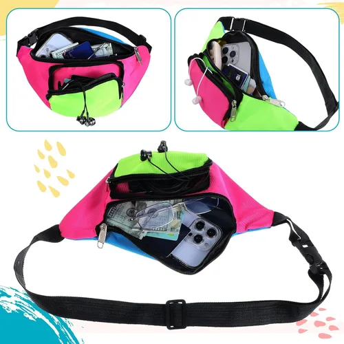 Vista 4 de Riñonera de neón de los años 80, 2 bolsillos, bolsas para cinturón de los años 90 para mujeres y hombres, paquetes retro de cintura para festivales