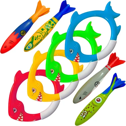 Vista 8 de Haktoys Anillos de buceo de tiburón, juguetes de buceo para niños, juguetes de entrenamiento de natación para niños y niñas, juegos de piscina