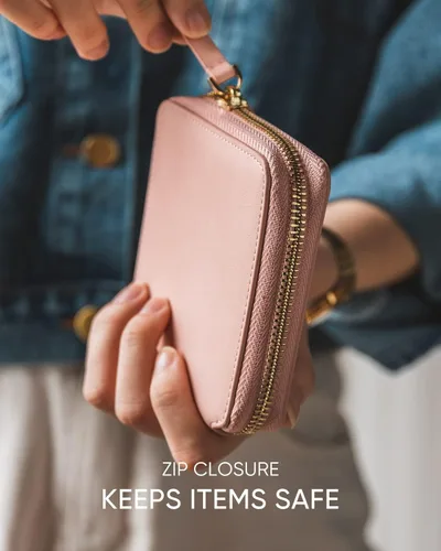 Vista 4 de Cartera de piel para mujer, con bloqueo RFID, plegable, delgada, para tarjetas de crédito, con bolsillo con cremallera, Rosado, Classic