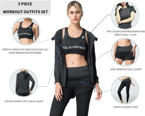 Vista 2 de TONGXinHUA - Conjunto de 5 piezas de entrenamiento para mujer, trajes deportivos para hacer yoga, bailar, fitness