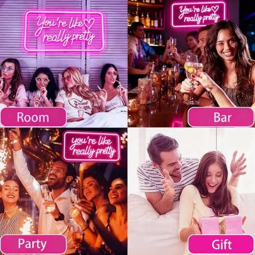 Vista 6 de Letrero de neón con texto en inglés "You're Like Really Pretty Neon", luz de neón LED rosa con atenuador y alimentación USB, decoración de pared