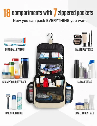 Vista 3 de VENTURE 4TH Neceser de viaje colgante para mujeres y hombres - Organizador grande de artículos de tocador con 18 compartimentos, bolsa extraíble