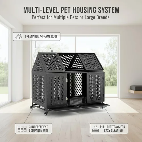 Vista 5 de Jaula indestructible para perros con divisor – Perrera de interior resistente de 52 pulgadas para perros grandes, jaula de acero XL con doble
