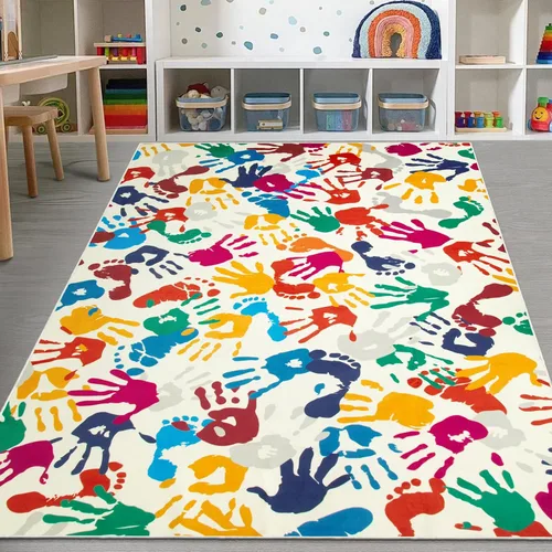 Vista 20 de STARUIA - Alfombra de huellas de manos y pies para niños para sala de juegos, alfombra de guardería lavable de 3 x 5 pies de colores para habitación