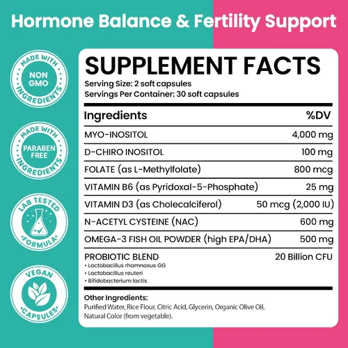 Vista 2 de Suplemento de mio-inositol y D-quiro inositol para mujeres Suplementos de SOP para el equilibrio hormonal para mujeres y apoyo de fertilidad
