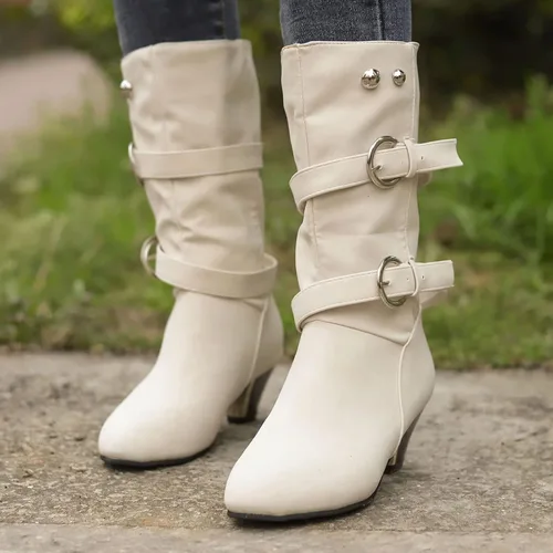 Vista 5 de SuanlaTDS Tall Wide Calf Boots for Women Heel Mid Round Boots Heel Cowboy Toe Vintage Velvet Shoes Buckle Women's Plus Women's Boots (Beige, 8)