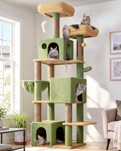 Vista 8 de Globlazer Árbol para gatos alto, torre para gatos de 71 pulgadas para gatos adultos de interior, multinivel, 3 condominios para gatos