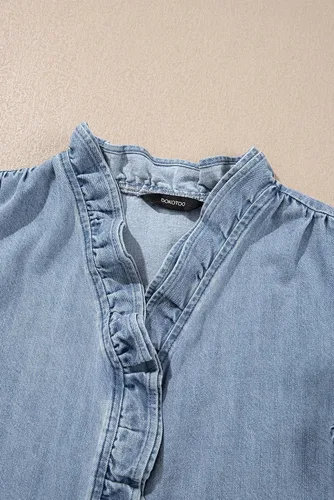 Vista 8 de Dokotoo Chaleco de mezclilla para mujer, casual, de verano, con botones, peplum, cuello en V, sin mangas, camisa de mezclilla