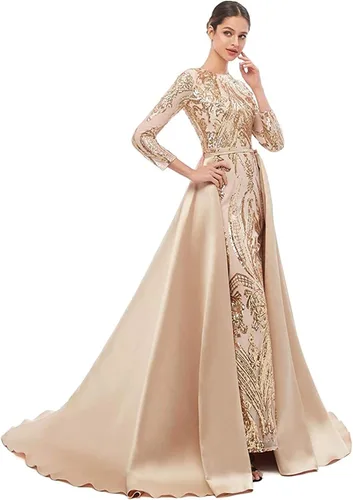 Vista 2 de Vestido de noche de sirena con lentejuelas para fiesta de graduación, vestido de baile formal, desmontable, manga larga
