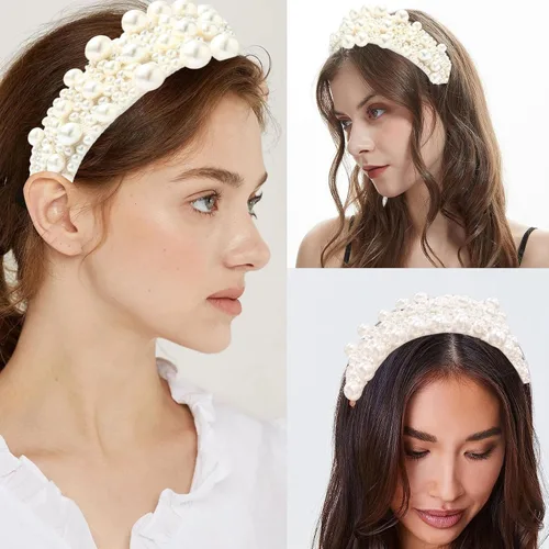 Vista 2 de MHDGG Diadema de perlas para mujeres y niñas, banda ancha con diamantes de imitación blancos brillantes, accesorio de boda