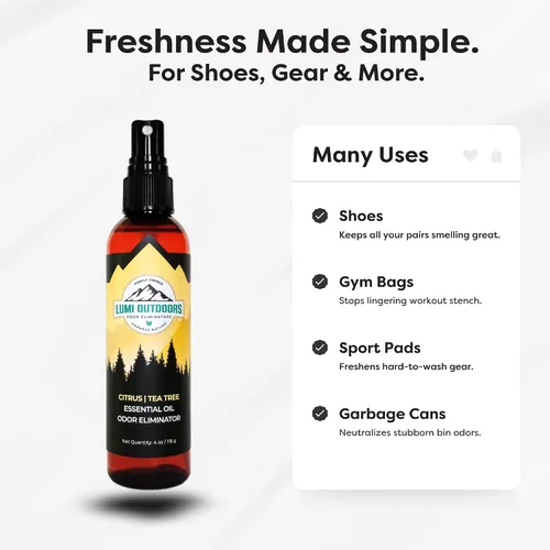 Vista 6 de Lumi Outdoors Desodorizador natural para zapatos en aerosol y eliminador de olores, aceite esencial de árbol de té cítrico fresco