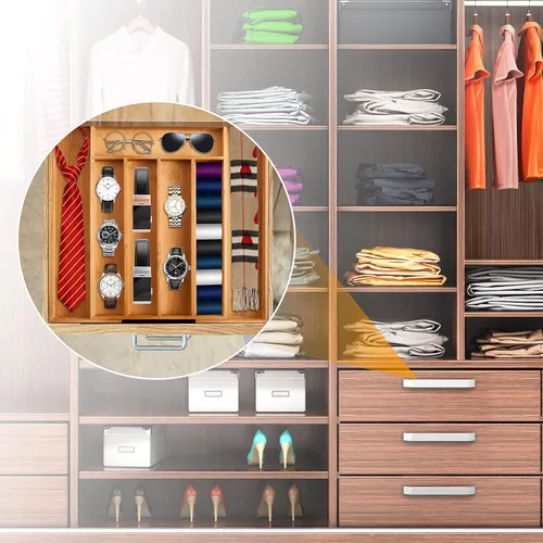 Vista 7 de Bellsal Organizador de cubiertos de 2 piezas con ranuras, organizador de cajones de cocina expandible de bambú, bandeja para utensilios de cocina