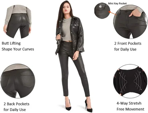 Vista 6 de Bamans Pantalones de piel sintética para mujer, pantalones elásticos ajustados con bolsillos, pantalones casuales de trabajo para mujer