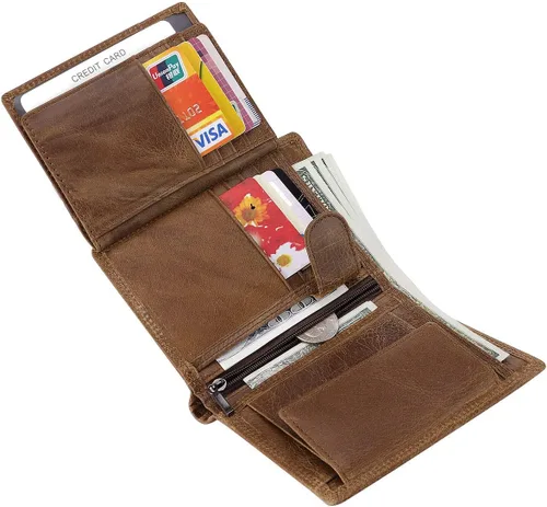 Vista 5 de Billetera de cuero vacuno con bloqueo RFID triple para hombres, 10 ranuras para tarjetas, 2 ventanas para identificación con bolsillo para monedas