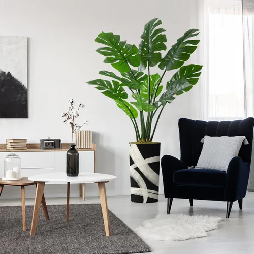 Vista 12 de Árbol artificial en macetero con patrón geométrico, palmera tropical areca artificial de seda para decoración del hogar en interiores y exteriores
