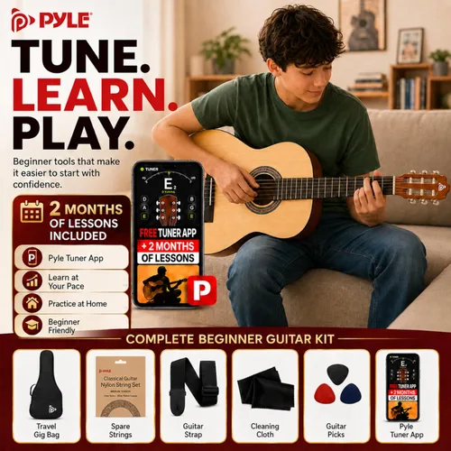 Vista 6 de Kit de guitarra acústica para principiantes Pyle, tamaño junior 3/4, instrumento completamente de madera con kit completo de accesorios, púas