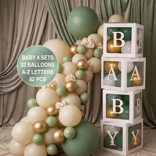 Vista 12 de 82 piezas de decoración de baby shower para niño, juego de caja de globos azul, blanco y gris con letras del alfabeto, decoración de fiesta