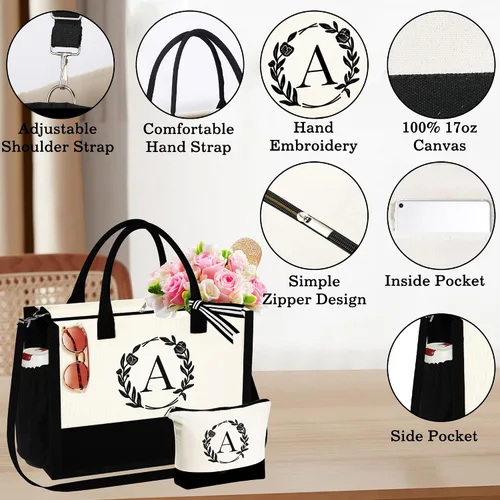 Vista 3 de YOOLIFE Bolsa de lona con inicial, bolsa de playa, bolsa de maquillaje con cremallera, regalos personalizados para madres, amigas, regalos