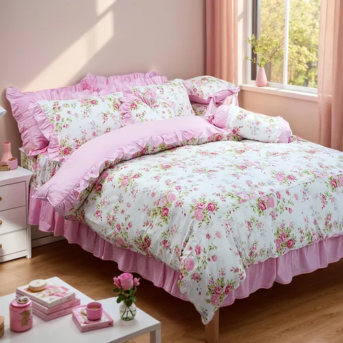 Vista 2 de FADFAY Juego de funda de edredón rosa desgastada, colección de ropa de cama floral rosa, elegante juego de funda de edredón de encaje de princesa