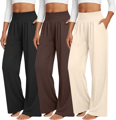 Vista 20 de Neer - Conjunto de 3 pantalones de yoga de pierna ancha para mujer - Pantalones deportivos cómodos, holgados, de cintura alta y casuales