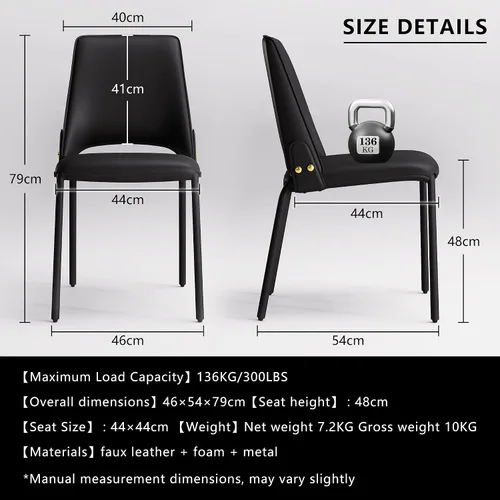 Vista 3 de YOUNIKE Silla de comedor moderna de lujo negra tapizada de piel sintética, cómoda silla de cocina sin brazos con respaldo para restaurante, mesa