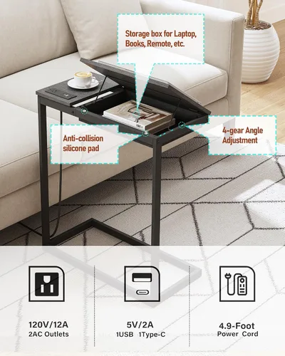 Vista 5 de TUTOTAK Mesa auxiliar grande en forma de C, mesa auxiliar con mesa de Negro