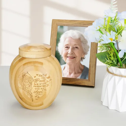 Vista 6 de SOITIS Urnas pequeñas para cenizas humanas: Urna biodegradable de bambú natural de 4.3 pulgadas, mini urnas para cenizas humanas, urnas de recuerdo