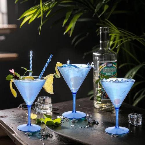 Vista 5 de Juego de 6 vasos de Martini Liacere, vasos de cóctel de Martini de plástico azul de 11oz con tallo, vasos de cóctel reutilizables para bar