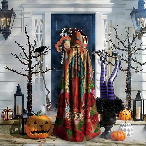 Vista 6 de Capa con capucha de estrellas naranjas de Halloween, capa larga de Halloween, disfraz de capa de bruja, disfraz de fiesta de Navidad, disfraces