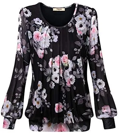 Vista 2 de Timeson Blusa para mujer, plisada al frente, de manga larga con cuello redondo