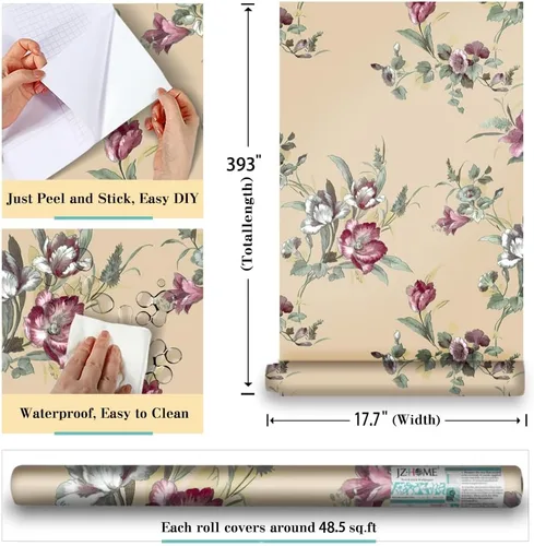 Vista 3 de 8190-10M - Papel tapiz vintage para despegar y pegar, 17.7 pulgadas x 32.8 pies, flores beige, papel de contacto extraíble, autoadhesivo