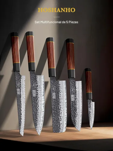 Vista 5 de HOSHANHO Juego de 5 cuchillos de cocina japoneses de acero de alto carbono, juego de cuchillos de chef profesionales ultra afilados con mango