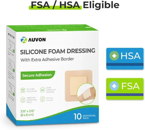 Vista 7 de AUVON Apósito de espuma de silicona con borde adhesivo grande, 3 x 3 pulgadas, 10 paquetes de vendajes para heridas con alta absorbencia, apósitos
