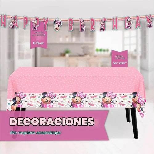 Vista 3 de Cartel de decoración de cumpleaños de Minnie Mouse, mantel y recuerdos