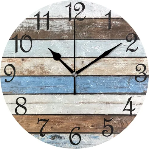 Vista 30 de Reloj de pared rústico retro con puerta de granero de madera, marrón, azul, funciona con pilas, silencioso, sin tictac, 10 pulgadas, reloj de mesa